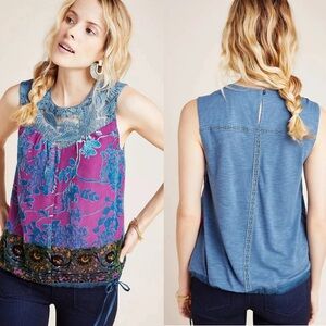 Anthropologie Tiny Mika Lacy Burnout Velvet Velour Shirt Sleeveless Top Blue S